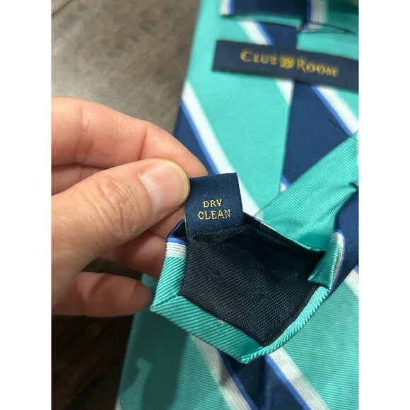Club Room Striped Silk Necktie Navy Blue Green White Diagonal Stripe Classic - Picture 6 of 8